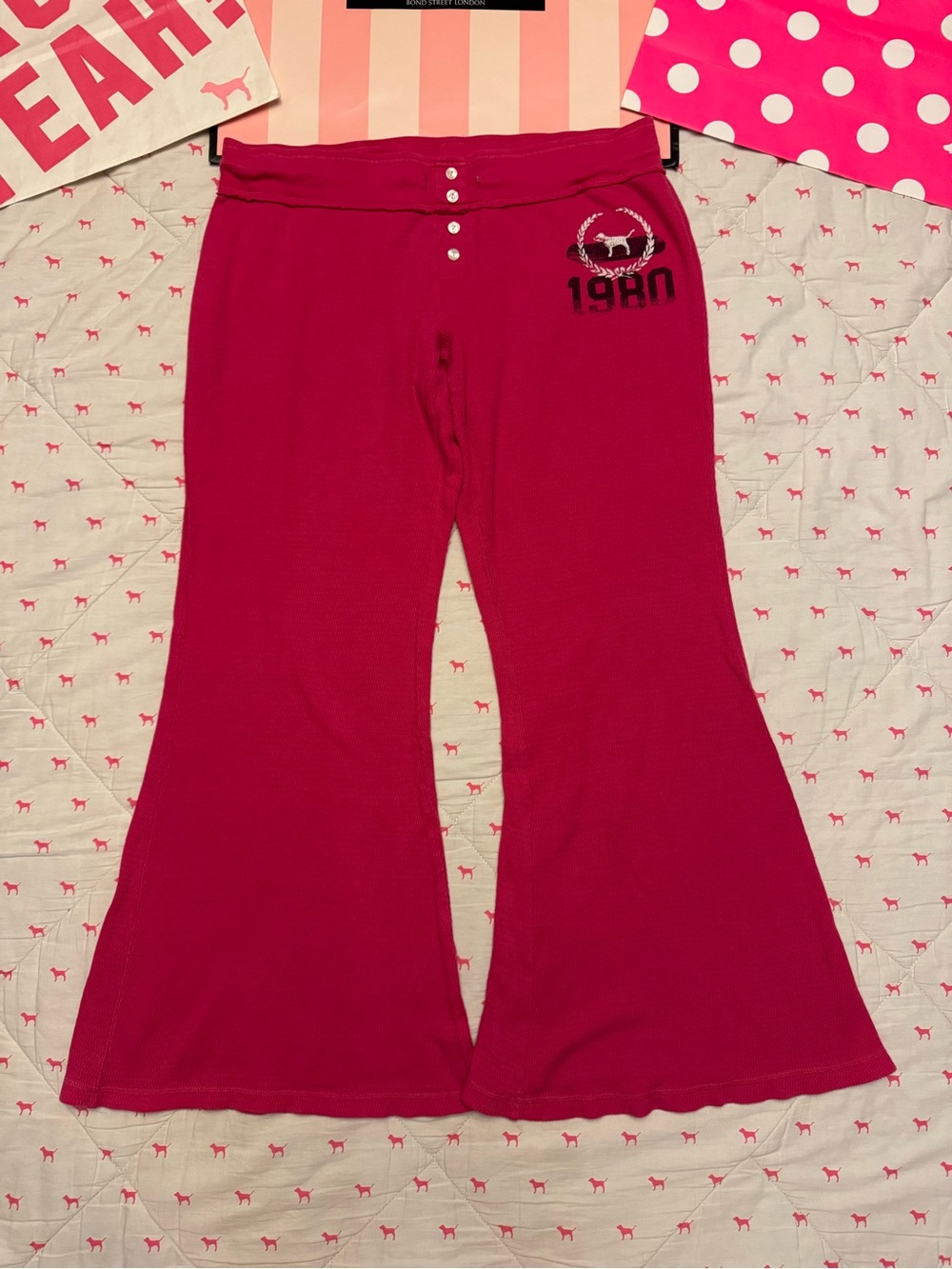VS PINK VINTAGE Y2K WAFFLE KNIT THERMAL FLARE SWEATPANTS 1980 DOG PUP LOGO RARE